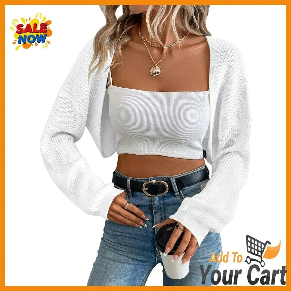 Soft Knit Cropped Cardigan Shrug Long Sleeve Open Front